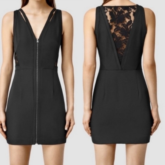 All Saints Layton Little Black Zipper Front Lace Back Sheath Dress SIZE SMALL - Picture 1 of 7